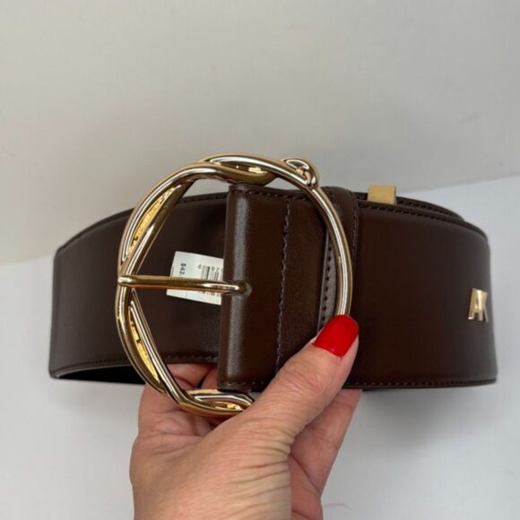 Anne Klein Wide Brown Leather Gold Buckle Belt Adjustable Shiny Womens - Picture 1 of 5